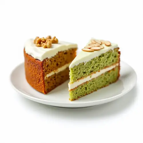 Better-for-You Cake Slices – Healthy Carrot & Matcha Almond | StarsCake Healthy Carrot Cake and Matcha Almond Cake slices on a white plate with transparent background