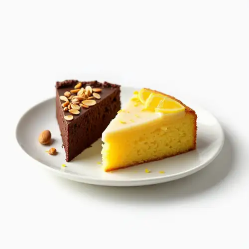 Gluten-Free Cake Slices – Almond Chocolate & Lemon Polenta | StarsCake Almond Flour Chocolate Cake and Lemon Polenta Cake slices on a white plate with transparent background