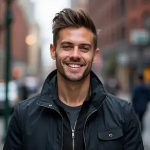 Photorealistic profile of Alex R., a confident man from New York with a clean haircut and casual smart outfit