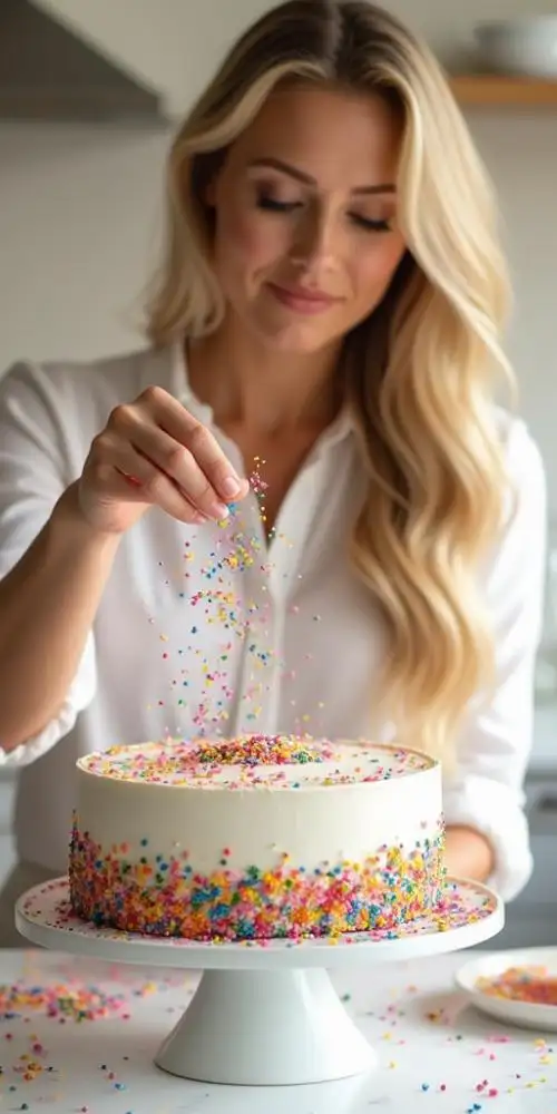 Real Baking Experience – The Final Sprinkle Touch Chef’s hands gently sprinkling rainbow cake sprinkles over a frosted cake on a stand