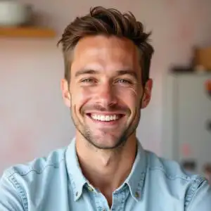 Smiling American man named Jamie L. wearing a light denim shirt, with a soft cake-themed background and natural lighting