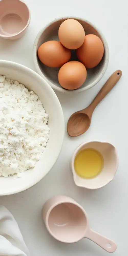 Expert Baking Tools and Ingredients – Flat Lay Style Top-down flat lay of baking ingredients including flour, eggs, sugar, and kitchen tools on a pastel background