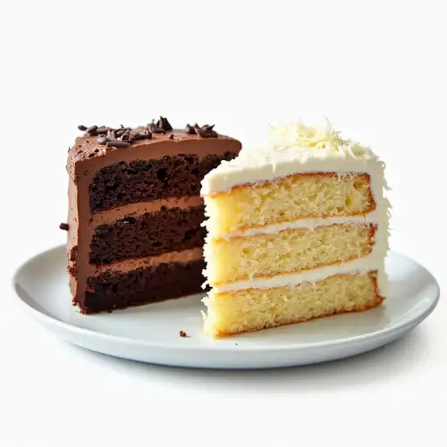 Vegan Cake Slices – Chocolate & Coconut Vanilla | StarsCake Vegan Chocolate Cake and Coconut Vanilla Cake slices on a white plate with transparent background