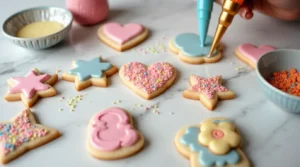 Decorated luxury cookies with royal icing and elegant toppings