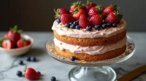 Gourmet berry layer cake with gold flakes and rich frosting