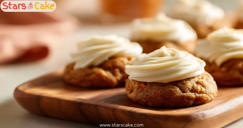 Piping carrot cake Cookie modern plate Piping brown butter cream cheese frosting onto carrot cake cookie on wooden plate