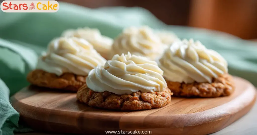 carrot cake Cookies wooden board serving Carrot cake cookies served on a modern wooden board with frosting