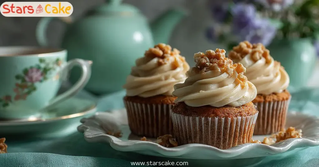 gluten free carrot cake cupcakes on porcelain plate with caramel frosting