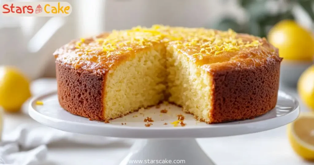 greek yogurt cake served Greek yogurt cake on a stand with lemon zest and one slice cut