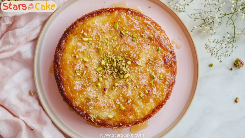 Homemade Kunafa cake on pastel plate with pistachios and syrup