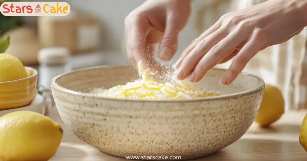 lemon bundt cake recipe step-zest Rubbing lemon zest into sugar for bundt cake