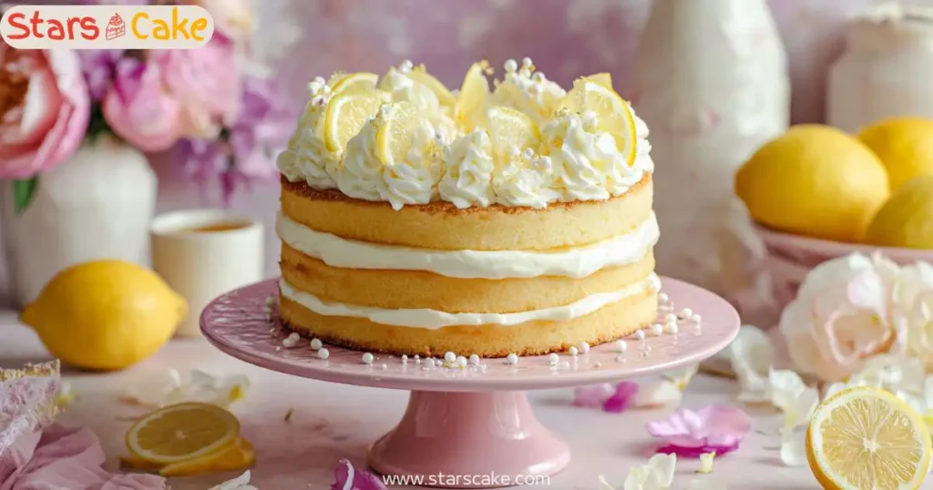 Two-layer lemon mascarpone cake at a 45-degree angle with piped frosting and lemon curd