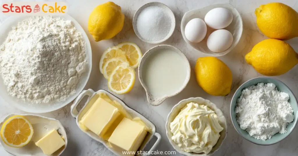 Lemon mascarpone cake ingredients arranged flat lay