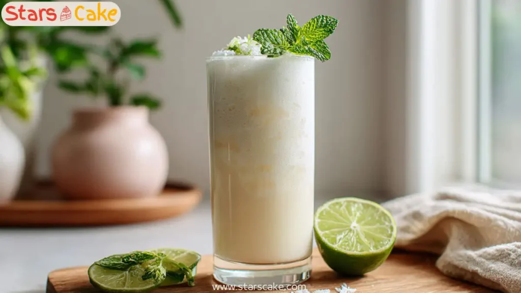 Lime and coconut drink in a bright kitchen setting