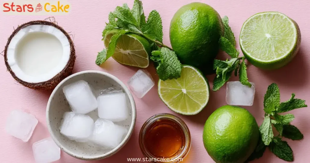 Ingredients for lime and coconut drink laid out on a pink surface