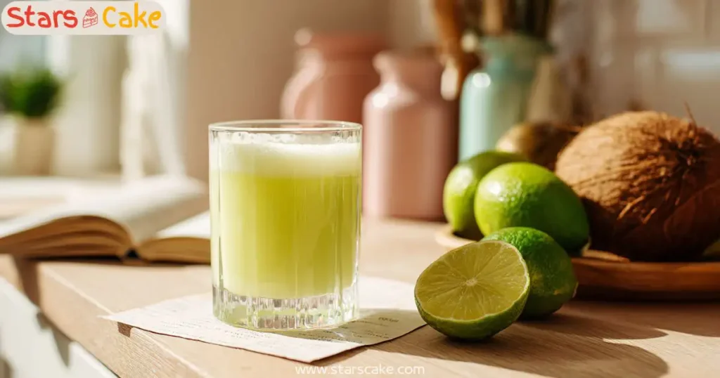 Lime and coconut drink recipe card in kitchen setting