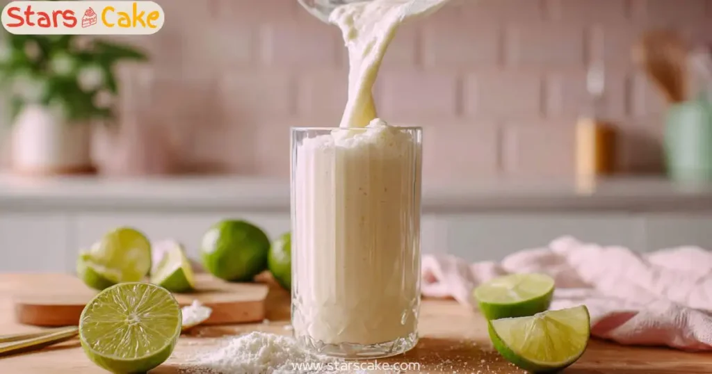 Top-down view of lime and coconut drink poured into glass with white tile background