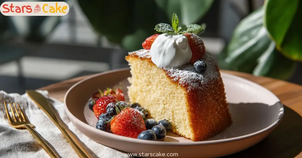 Slice of Passover cake on ceramic plate in a bright modern dining space