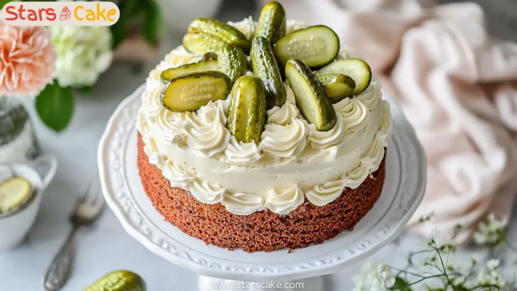 Pickle cake with frosting and pickles