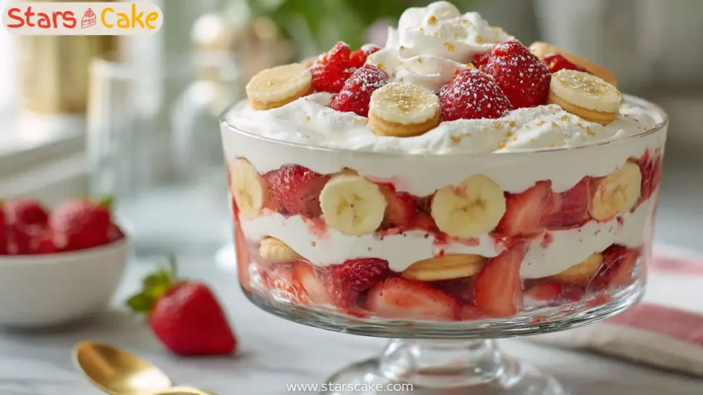 strawberry banana pudding in layered trifle bowl