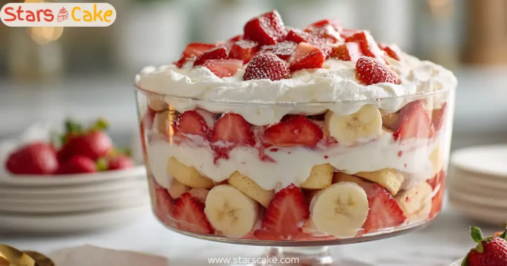 strawberry banana pudding trifle with whipped cream, strawberries, and cookie layers