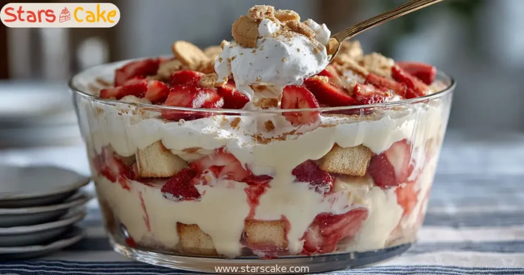 strawberry banana pudding being scooped from trifle bowl
