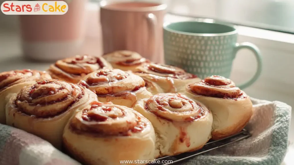 freshly baked strawberry cinnamon rolls in rustic kitchen setting