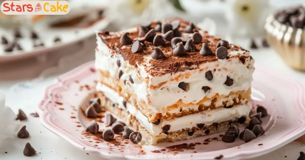 Cannoli cake with ricotta filling and chocolate chip topping slice