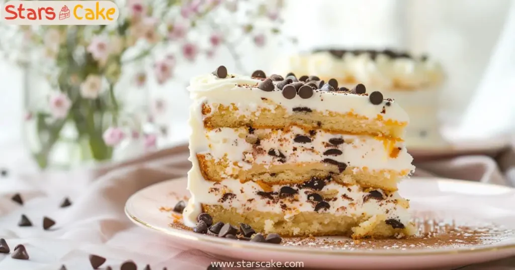 Slice of cannoli cake on serving plate