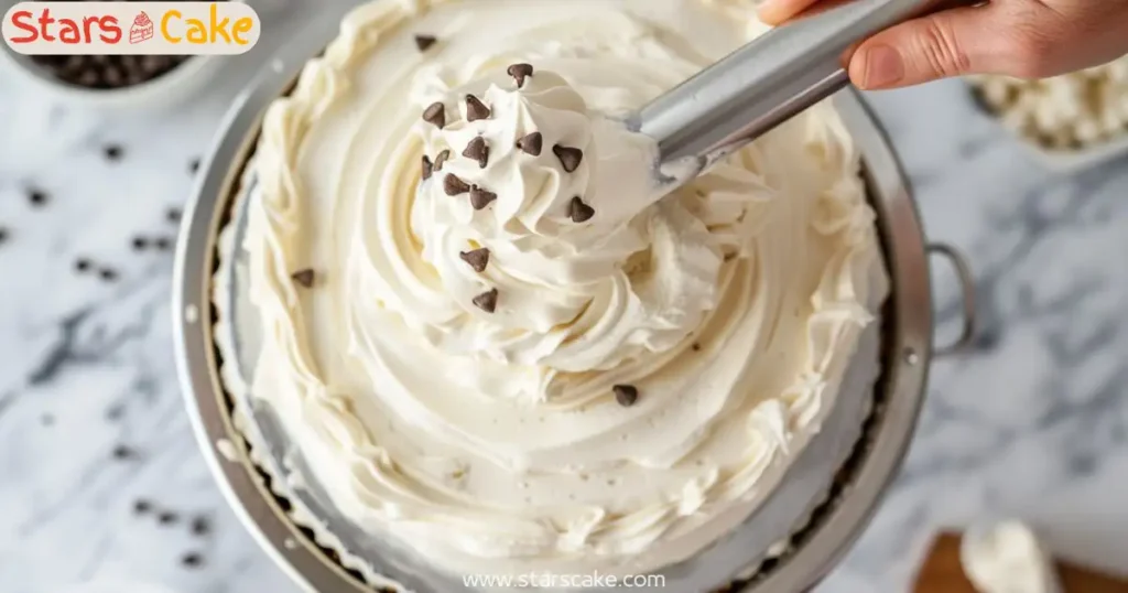 Piping cannoli cream onto cake layers