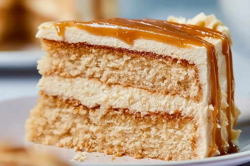 Slice of Biscoff Cake topped with caramel and cookie crumbs