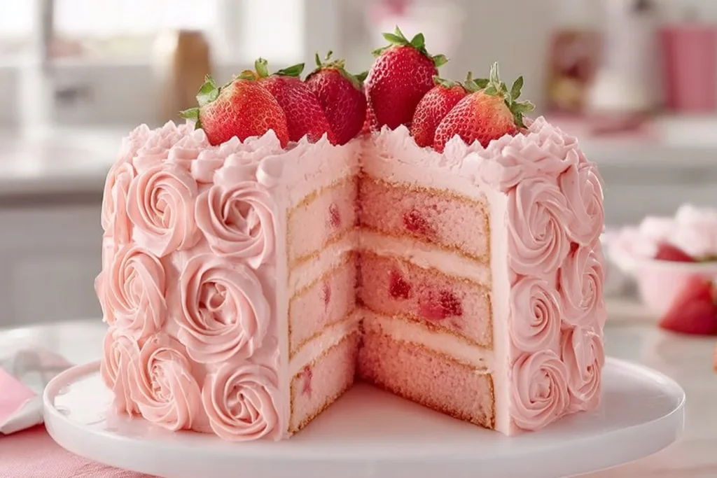 Delicious homemade strawberry cake with fresh strawberry frosting