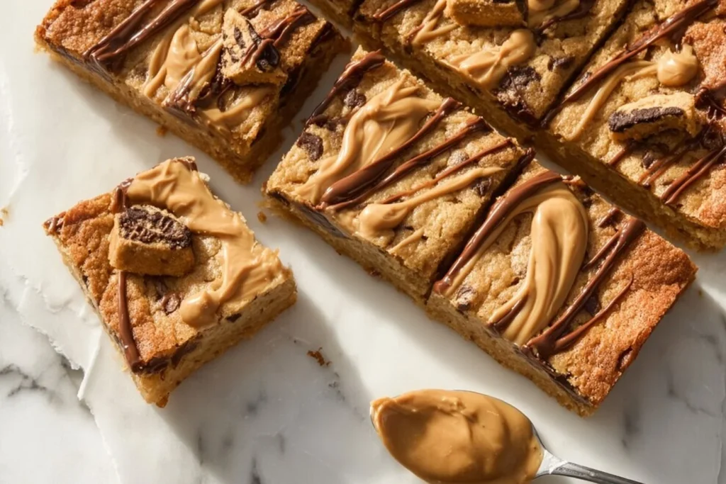 Delicious homemade Biscoff Blondies topped with caramel and cookie crumbs