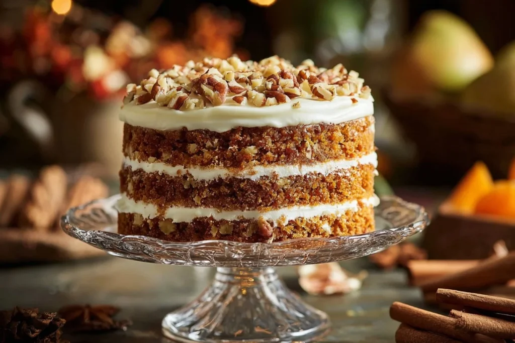 Delicious slice of moist carrot cake topped with cream cheese frosting
