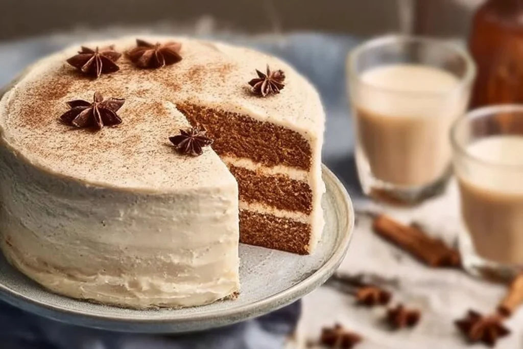 Delicious chai cake with cream cheese frosting on a decorative plate