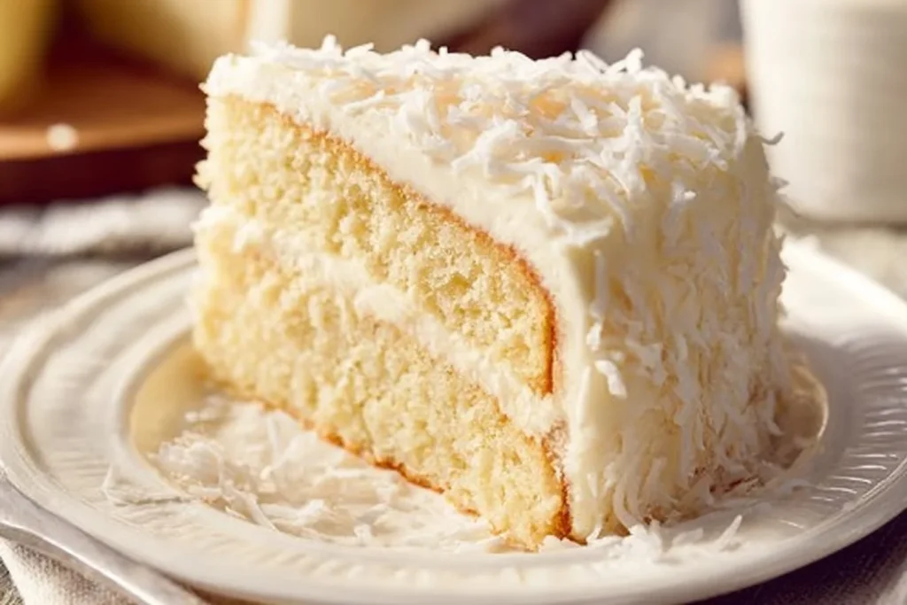 Delicious homemade Coconut Cake decorated with coconut flakes and icing