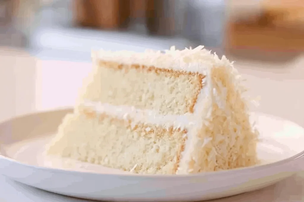 Extra Moist Sour Cream Coconut Cream Cake topped with coconut flakes and frosting