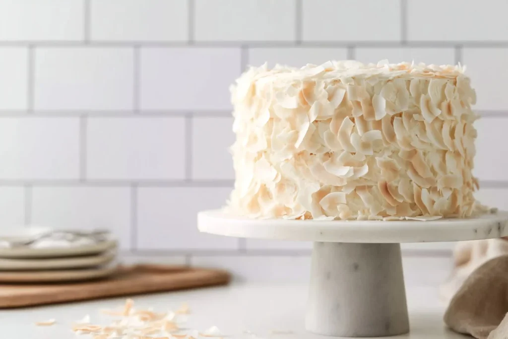 Light and fluffy coconut layer cake topped with coconut flakes and cream frosting