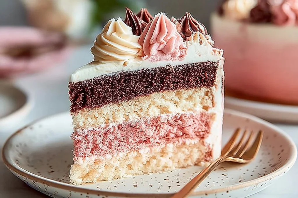 Delicious Neapolitan Cake with chocolate, vanilla, and strawberry layers