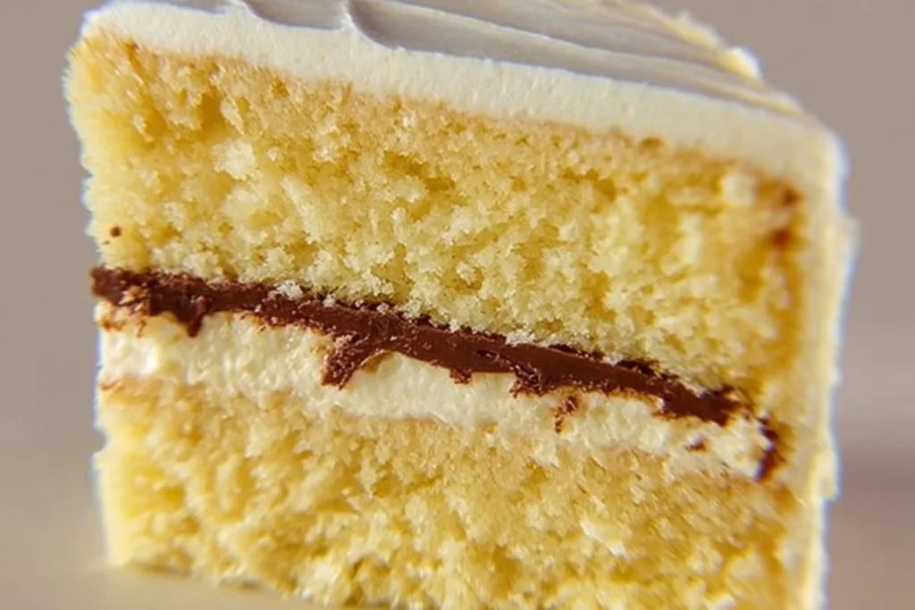 A slice of Perfect Coconut Cake with creamy frosting and toasted coconut flakes