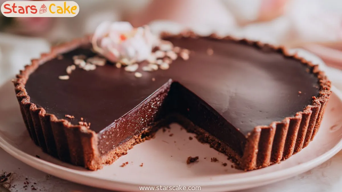 Rich chocolate tart with glossy ganache and floral almond topping on a ceramic plate