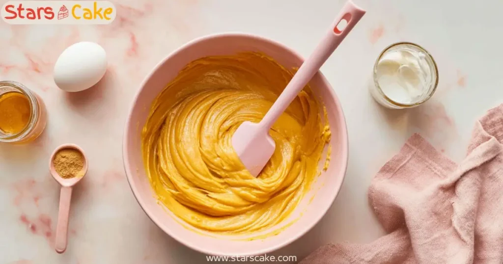 Whipped Pumpkin Batter for Tart Filling Smooth pumpkin batter in pink bowl with egg, cream, and spices on the side