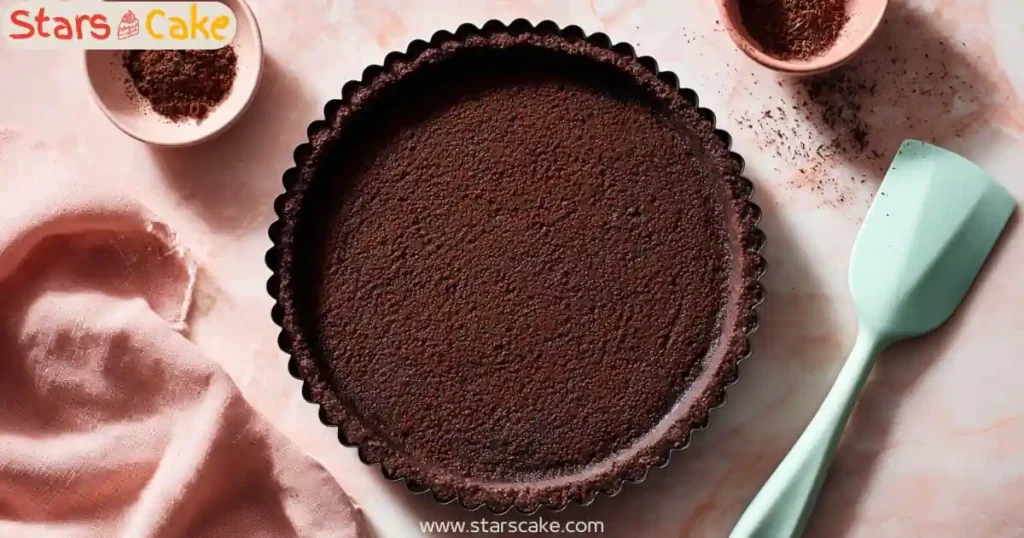 Chocolate Crust for Pumpkin Dark Chocolate Tart Chocolate tart crust in pan surrounded by cocoa powder, ready for filling