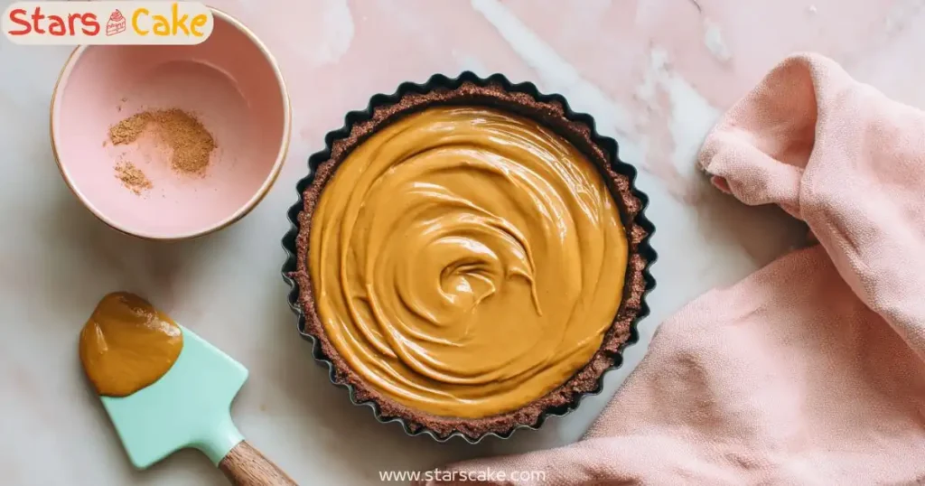 Pumpkin Filling in Chocolate Tart Crust Chocolate tart shell filled with pumpkin cream, ready to bake